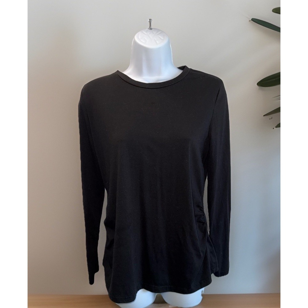 Women's Black Long Sleeve Ruched Side Crew Neck Jersey Knit Tee Shirt Top
